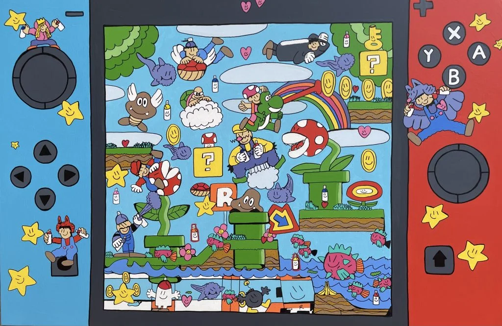 Camil Escruela Switch Mario Spray Party Tecnica mixta sobre lienzo 80 x 120 cm 2800 euros scaled